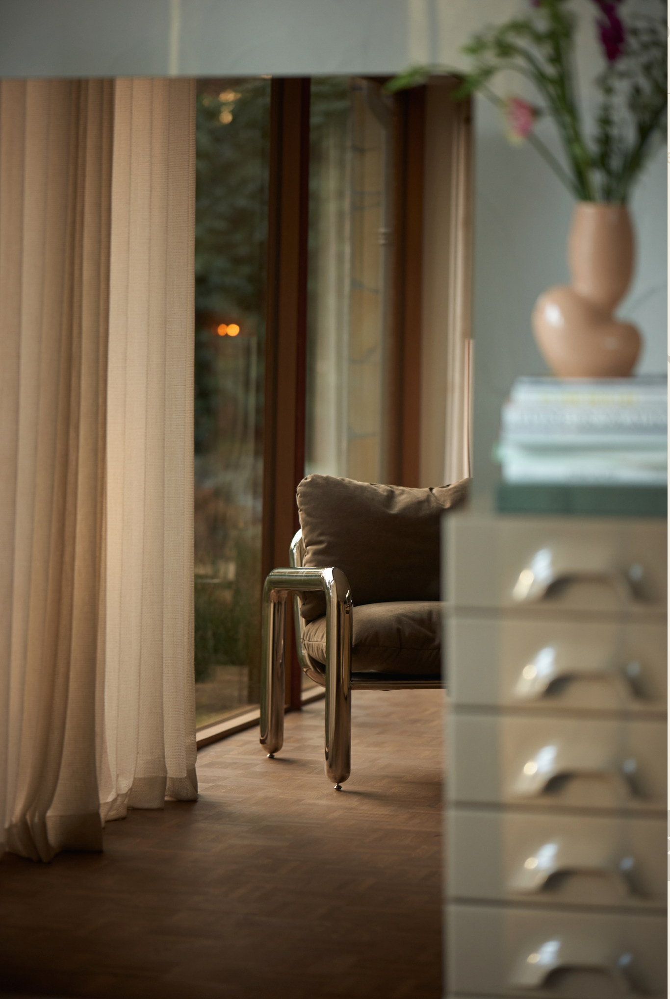 Chrome lounge armchair Canvas Brown