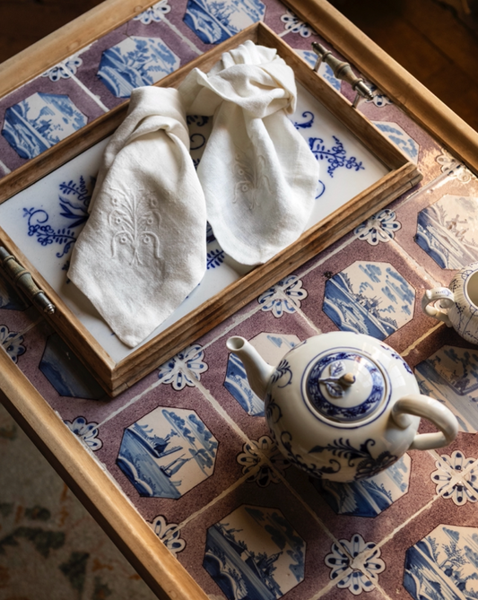 Floral linen napkin, white - pair of two 40x40 cm