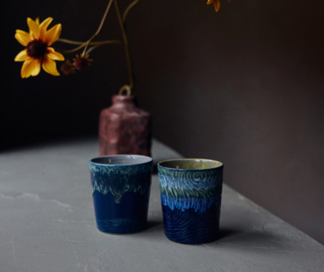 70s Van Gogh set of 2 coffee mugs Starry Night