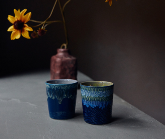 70s Van Gogh set of 2 coffee mugs Starry Night