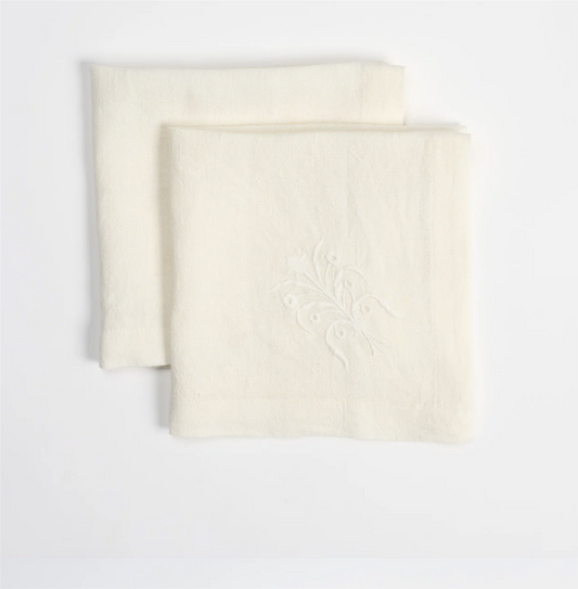 Floral linen napkin, white - pair of two 40x40 cm