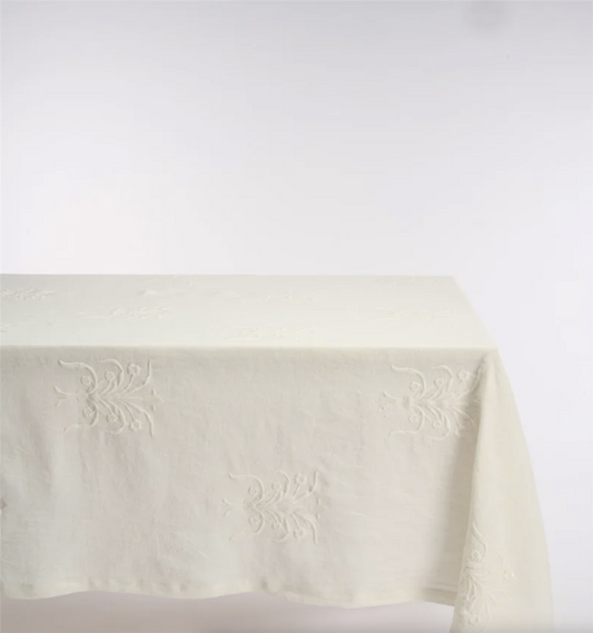 Floral linen tablecloth, white 160x280 cm