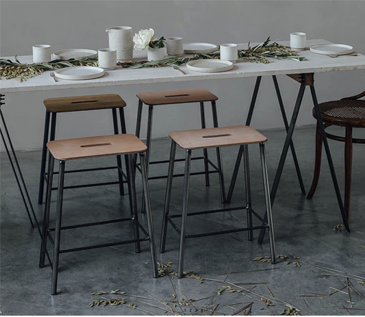 Adam Stool / Raw Steel/ Natural leather H50